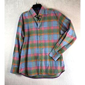 Mens Designer Button Shirt L Visconti Black Colorful Pastel Plaid Long Sleeve
